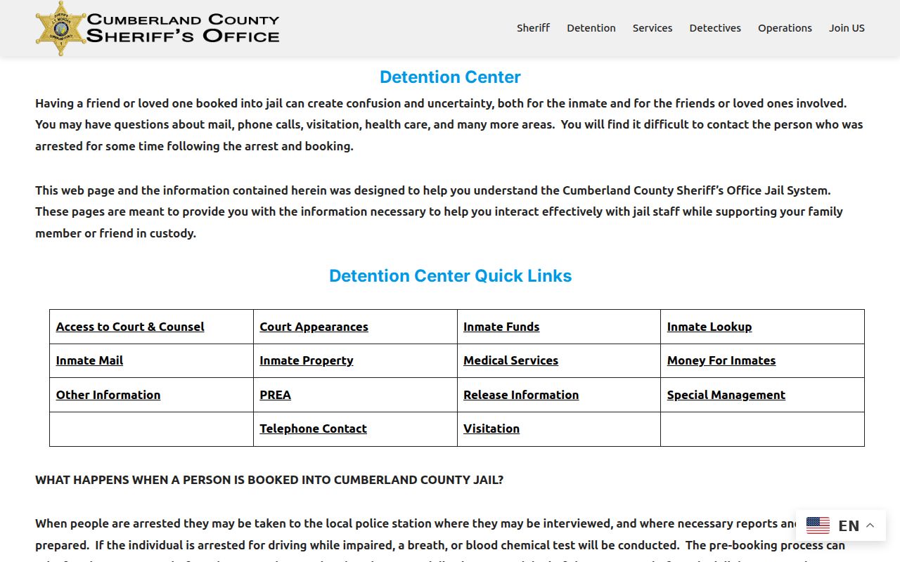 Cumberland County Sheriff Detention Center booking information page