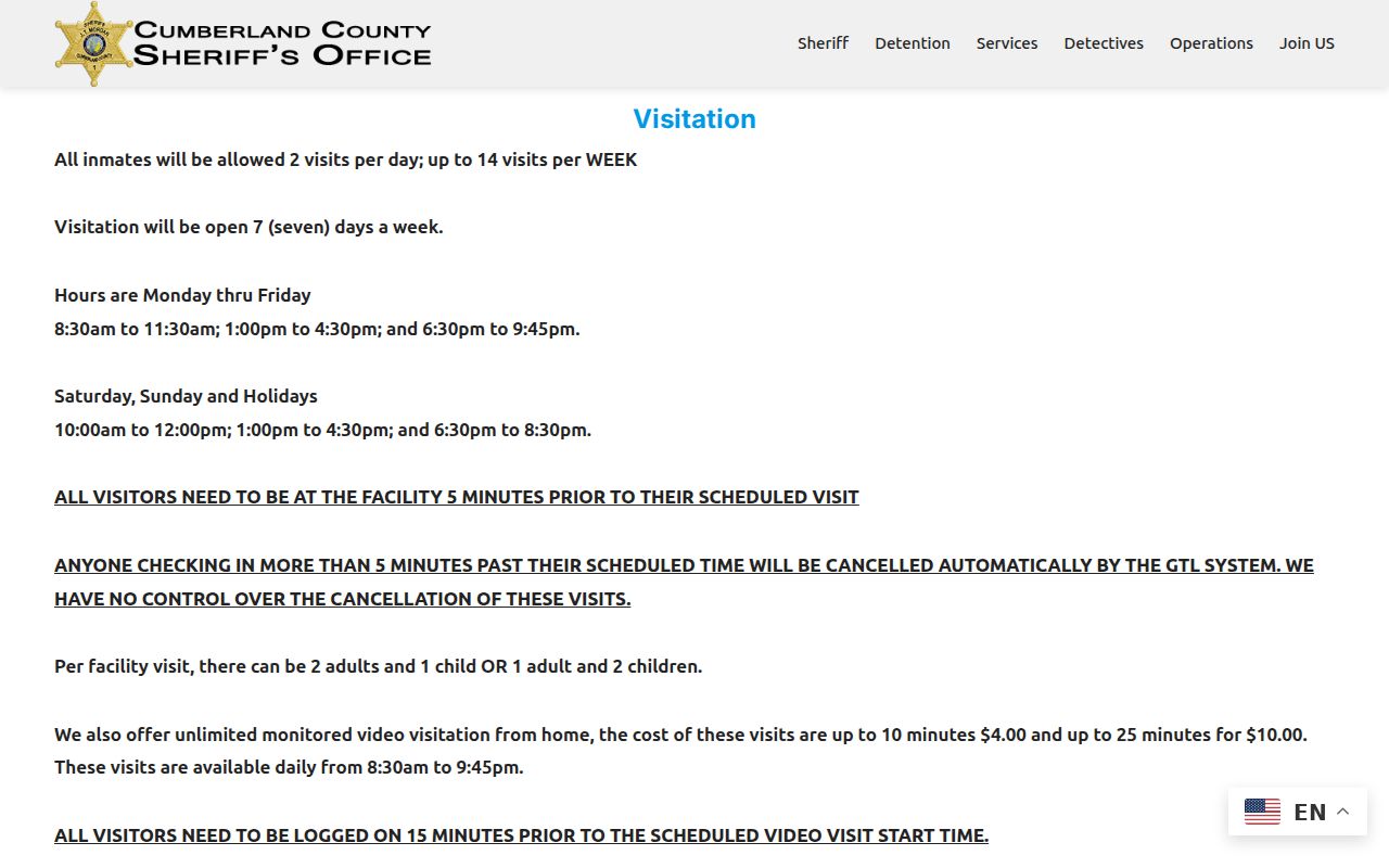 Cumberland County Sheriff jail visitation terms and scheduling information