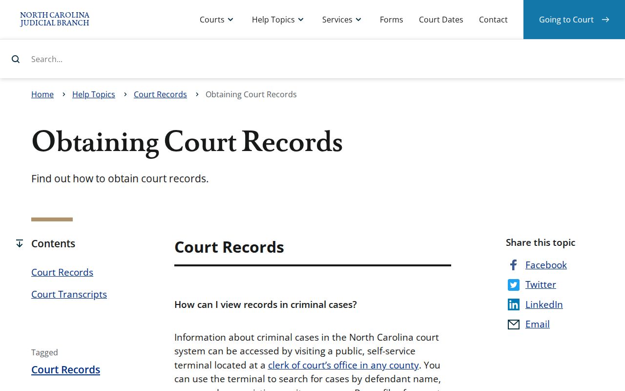 North Carolina Judicial Branch page explaining how to obtain court records