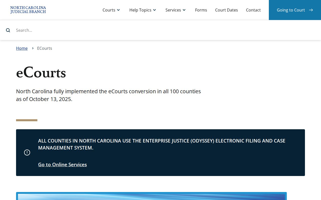 North Carolina Judicial Branch eCourts services page for statewide court records