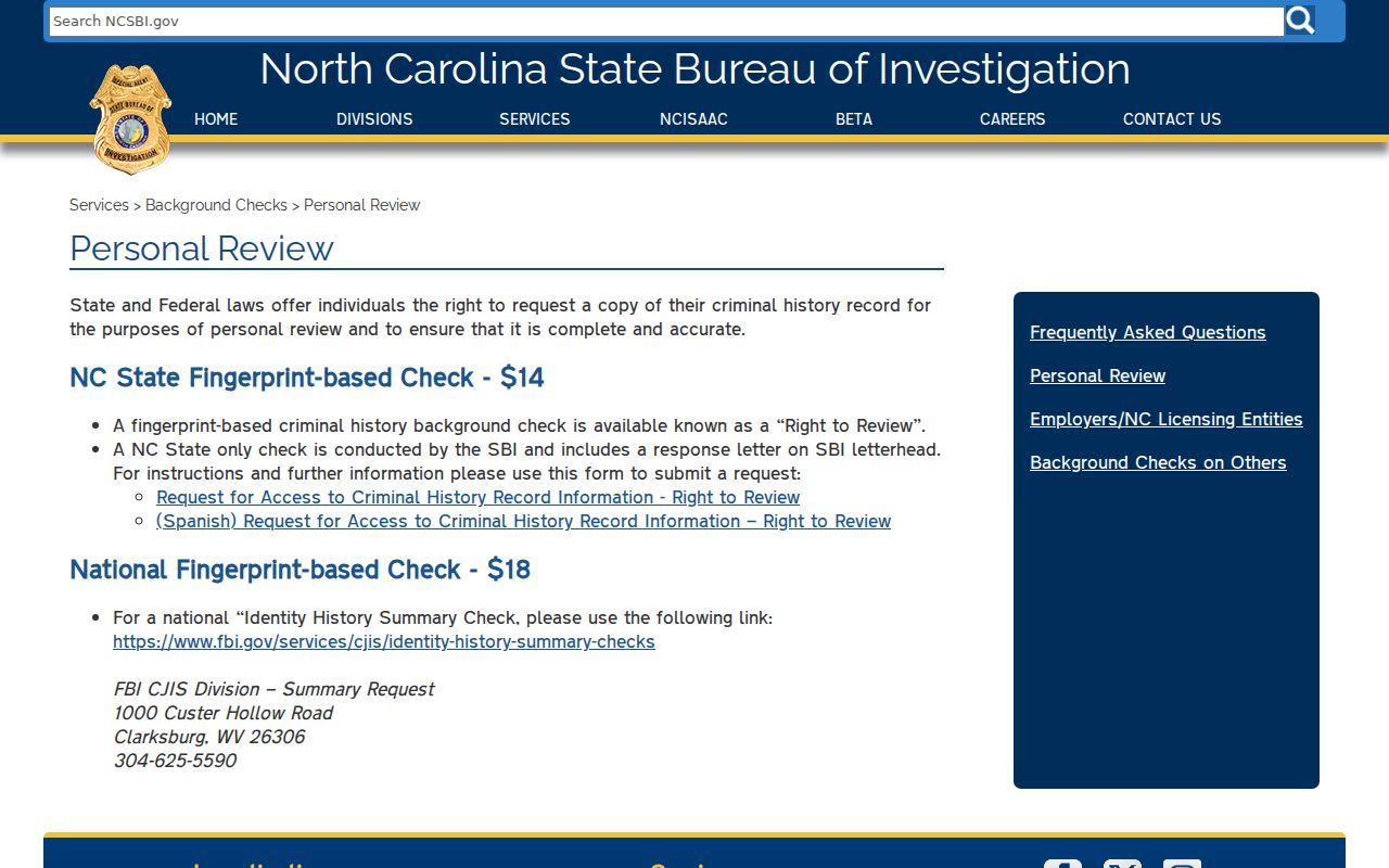 Cumberland County criminal history NCSBI Right to Review